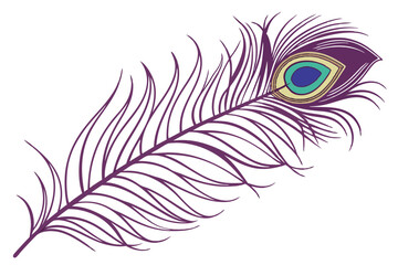 Obraz premium Photorealistic peacock feather, intricate detail, iridescent colors, purple plume, green and blue eyespot, golden brown accents, single feather, white background, high contrast, macro photography, stu