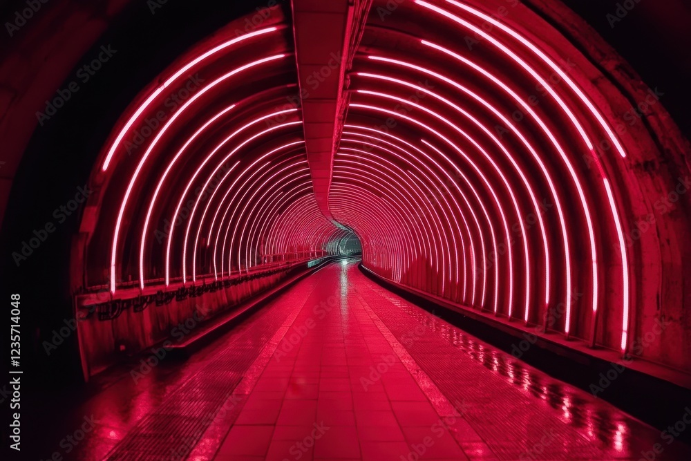 Poster Digital tunnel illuminated by flowing red neon shapes against a black backdrop creates a striking visual effect, digital tunnel of red neon shapes on black background