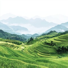 Lush Green Terraced Rice Fields on Rolling Hills Under Soft Cloudy Skies in Vibrant Landscape