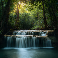 Cascade of Tranquility: A breathtaking view of a tiered waterfall cascading down mossy rocks, surrounded by lush green forest and dappled sunlight, capturing serenity and natural beauty.