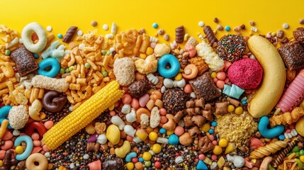 A vibrant yellow background explodes with a colorful assortment of candies and snacks, creating a delightful and tempting visual feast for the eyes.