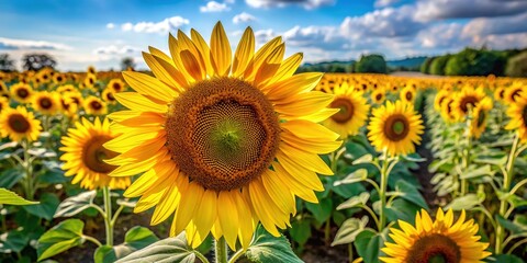 Obraz premium Macro shot of sunflowers at harvest in a field.