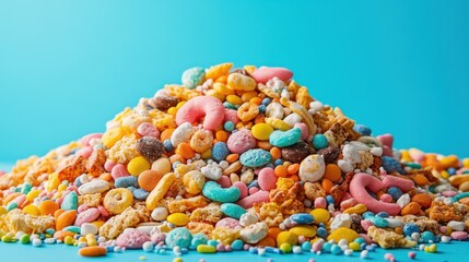 A colorful and inviting pile of sweet and savory snacks, perfect for parties and celebrations. Featuring an assortment of colorful cereals, candy, pretzels, and more.