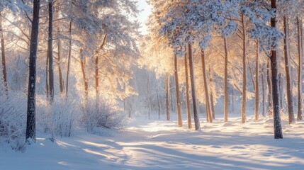 Fototapeta premium Serene Winter Landscape with Sunlight Filtering Through Trees