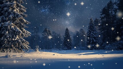 Obraz premium Serene Winter Night with Snowfall and Starry Sky in Forest