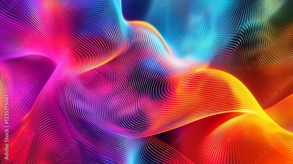 Poster vibrant waves of light interweaving in a fluid motion, creating a digital abstract landscape of inte