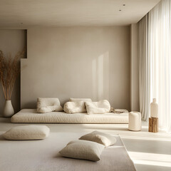 Serene Minimalist Living Room: A beautifully designed, sun-drenched minimalist living room with soft, neutral tones creates a sense of calm and comfort, featuring floor cushions, a low platform bed.