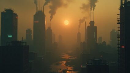 a futuristic cityscape shrouded in fog