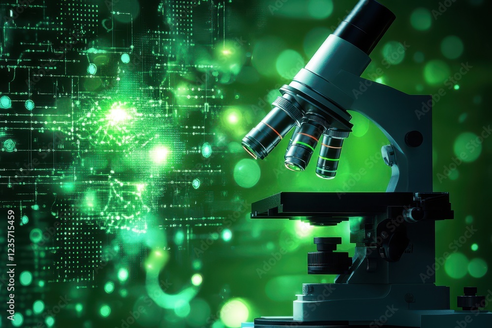 Poster scope scanning and digital data processing over green background with intricate patterns, scope scan