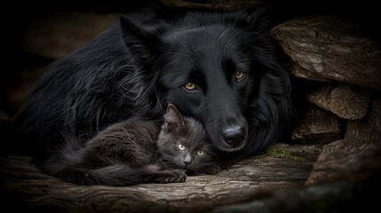 Fototapeta premium Affectionate Dog and Cat Snuggling Together in Serene Setting