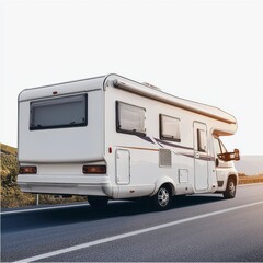 Modern campervan traveling on an open road during sunset, showcasing leisure and adventure in beautiful outdoor scenery
