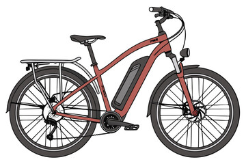 Fototapeta premium Electric bicycle, vibrant red frame, sleek design, battery-powered, urban commuter, disc brakes, wide tires, comfortable seat, rear rack, modern transportation, eco-friendly vehicle, sporty appearance
