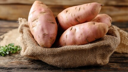 A rustic still life featuring a burlap sack overflowing with plump, earthy sweet potatoes, ready for baking or roasting.