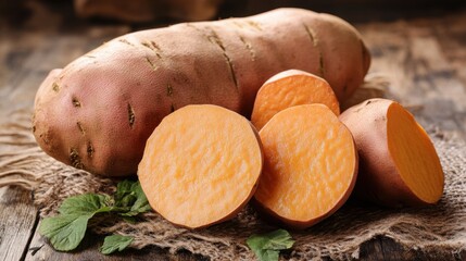 A close-up shot of a freshly harvested sweet potato, showcasing its rich orange flesh and earthy brown skin.