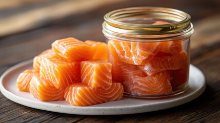 Fresh, vibrant salmon cubes are displayed alongside a glass jar filled with more salmon, ready for cooking or preserving.  The scene is set on a rustic wooden surface.