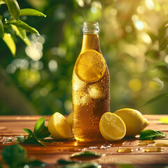 A can of soda with a straw, condensation on the can, set against a vibrant summer background, refreshing and fun