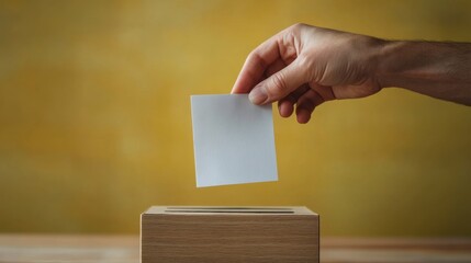 A hand carefully drops a white ballot paper into a wooden ballot box against a warm yellow background.  A powerful visual for the act of voting and civic engagement.  