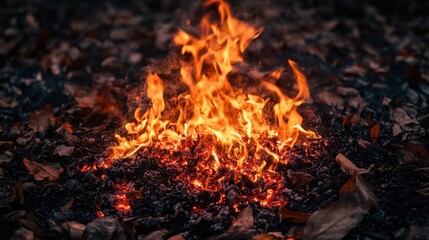 A fiery inferno consumes a bed of fallen leaves, casting a mesmerizing glow in the fading light, highlighting the raw power and beauty of nature's destructive force.