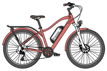 Electric bicycle, vibrant red frame, sleek design, battery-powered, urban commuter, disc brakes, wide tires, comfortable seat, rear rack, modern transportation, eco-friendly vehicle, sporty appearance