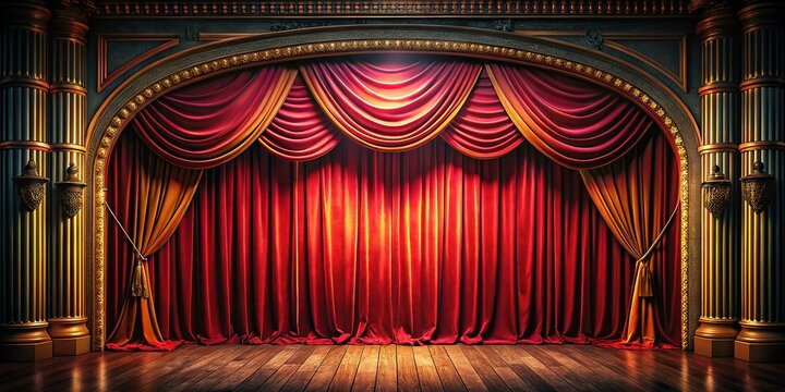 Dark theatre curtains, downstage valance. AI-generated realism.