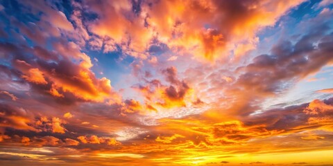 Fototapeta premium Vibrant dawn sky with fluffy white clouds in shades of pink and orange amidst a warm golden light , morning light