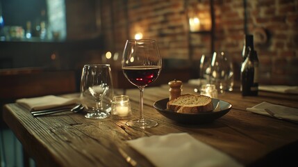 Fototapeta premium Romantic rustic restaurant dinner, red wine, candlelight, brick wall