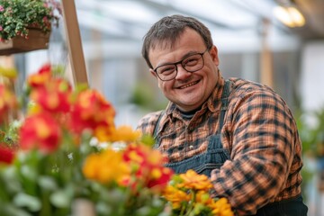 Cheerful florist with down syndrome happily arranging vibrant flowers in a bright greenhouse, Cheerful man florist with down syndrome looking at the camera in the greenhouse