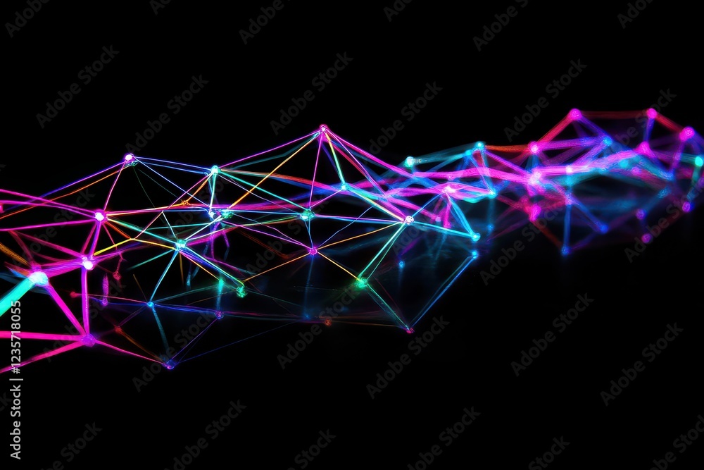 Poster vibrant neon network connections on a black background depicting digital interconnectivity, neon net
