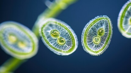 Close-up of Microscopic Green Algae Structures with Bubbles