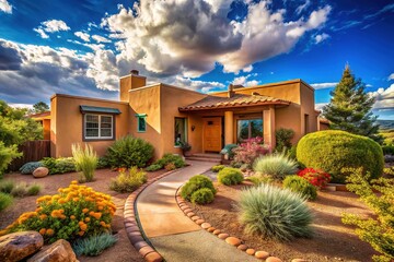 Obraz premium Candid photo of a single-family adobe home in Santa Fe, NM.