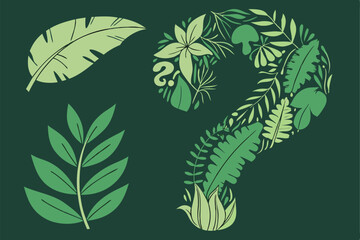 Fototapeta premium Nature-inspired typography, question mark shape made of leaves and foliage, green botanical design, eco-friendly concept, 3D plant sculpture, creative environmental message, living art installation, v