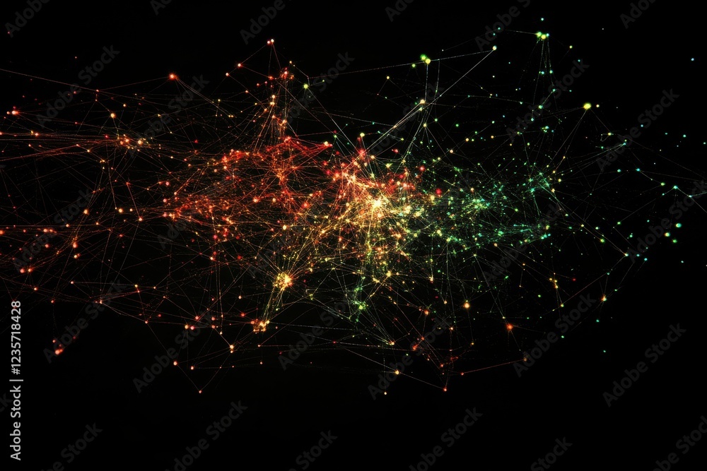 Poster complex network of connections and data processing visualized against a dark background, network of 