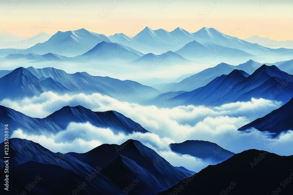 Aufkleber clouds shift gracefully over mountain peaks at dawn in a serene landscape, the changing of clouds on