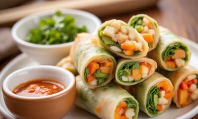 Colorful vegetable spring rolls on a plate