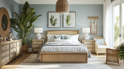 Serene Coastal Bedroom Interior Design with Rattan Furniture and Tropical Plants