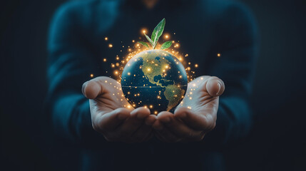 Nurturing the Earth: Hands cradle a miniature Earth with a sprouting plant, bathed in a warm glow of light, symbolizing hope, sustainability, and the power of growth. 