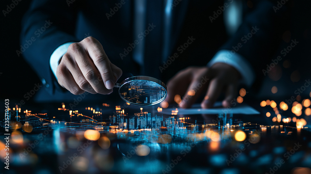 Poster data analysis investigation: a close-up shot of a person in a business suit meticulously examining d