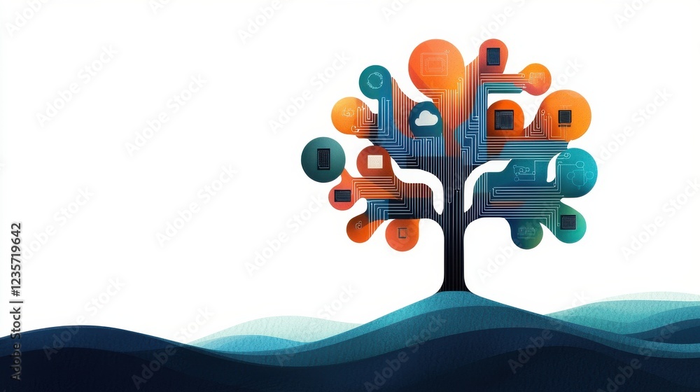 Poster abstract digital tree with colorful circles and waves