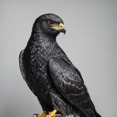 A sleek black falcon with shimmering feathers, pure white background.