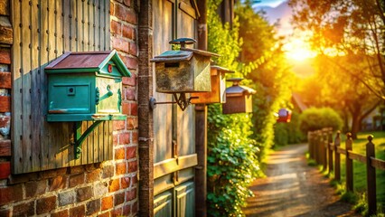 Aerial shot: vintage mailboxes, fence, and a brick wall.