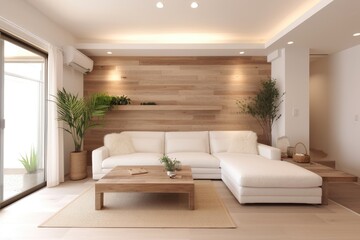 Fototapeta premium Bright Minimalist Living Room with White Sectional Sofa and Wood Wall