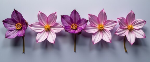 Obraz premium Symmetrical Display of Pink and White Flowers Against a Muted Blue Background