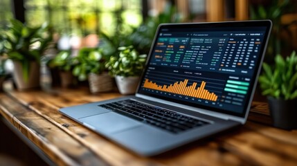 Laptop displaying financial data in a bright, green indoor setting with plants
