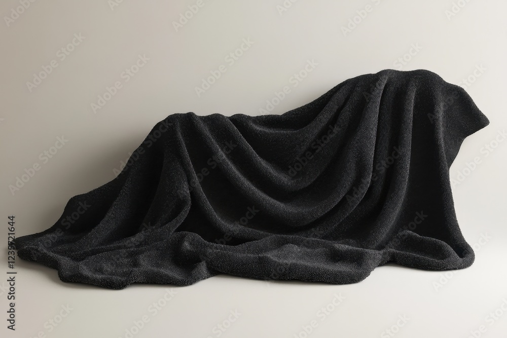 Poster Black creased towel flowing in a dynamic turbulence field with captivating textures and shadows, Black creased towel flowing a turbulence field CGI cloth simulation