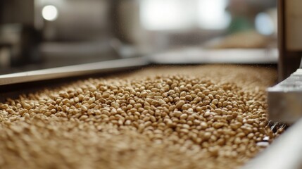Obraz premium Cashews flowing conveyor belt factory production food industry