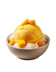 mango sticky rice ice cream dessert with fresh mango chunks, Thai-inspired sweet treat, on isolated background
