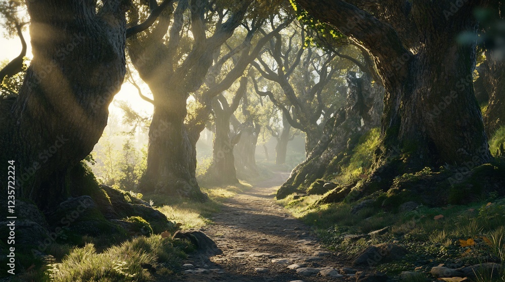 Poster enchanted forest path with sunlight filtering through trees creating a magical scene