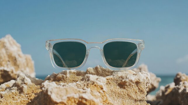 Clear sunglasses on rocks, beach background, summer, eyewear product shot
