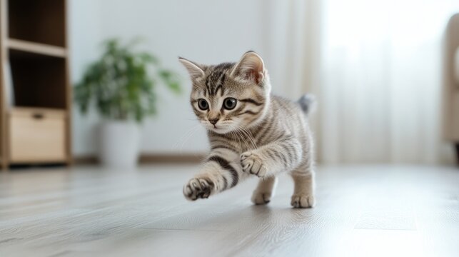 Kitten playfully walking home hardwood floor