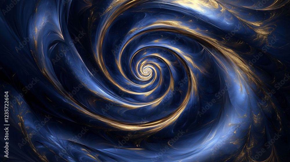 Poster swirling abstract representation with dramatic blue and gold tones creating mesmerizing visual depth